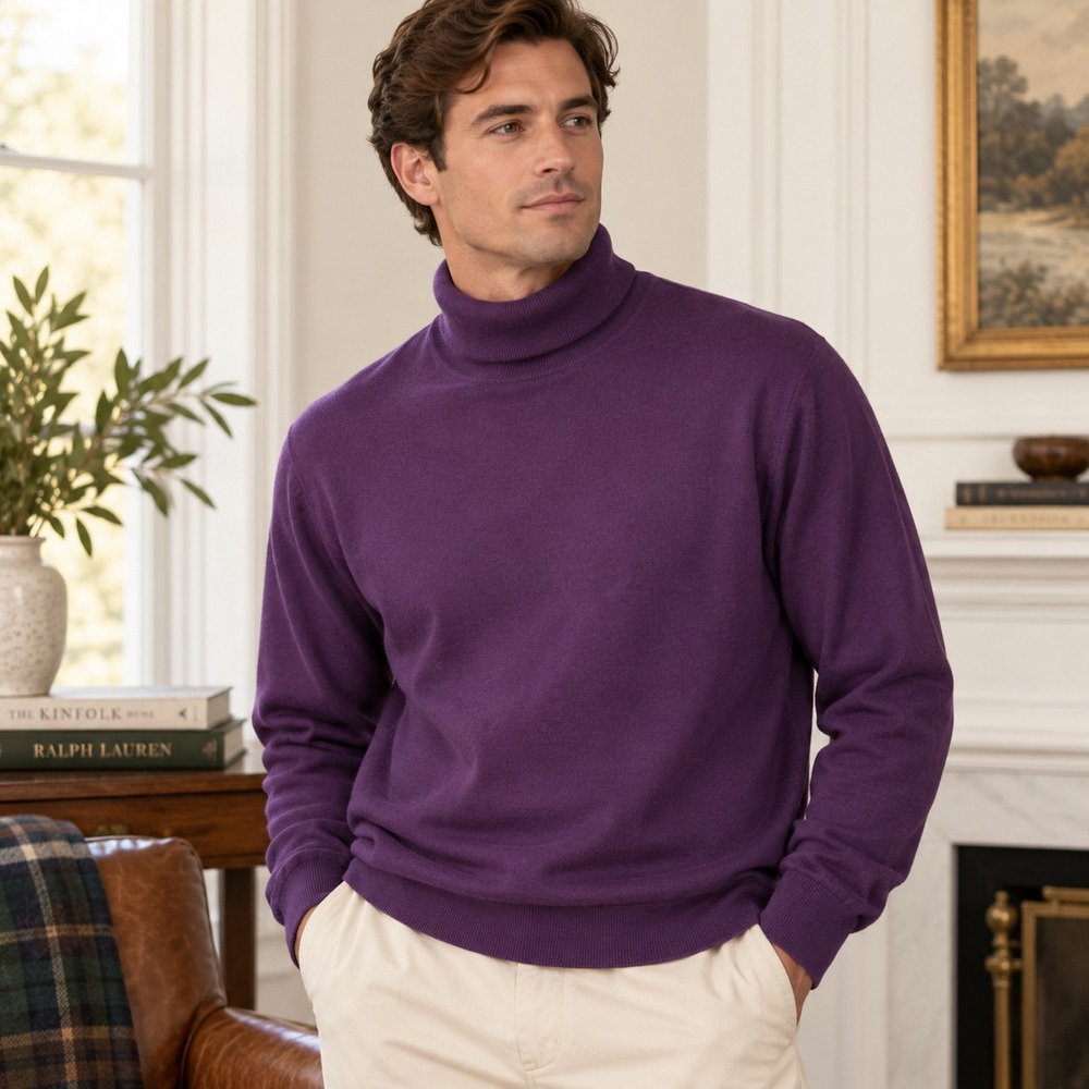 Orvis Mens Cotton Silk Cashmere Turtleneck Sweater Sz XXL Purple Quiet Luxury